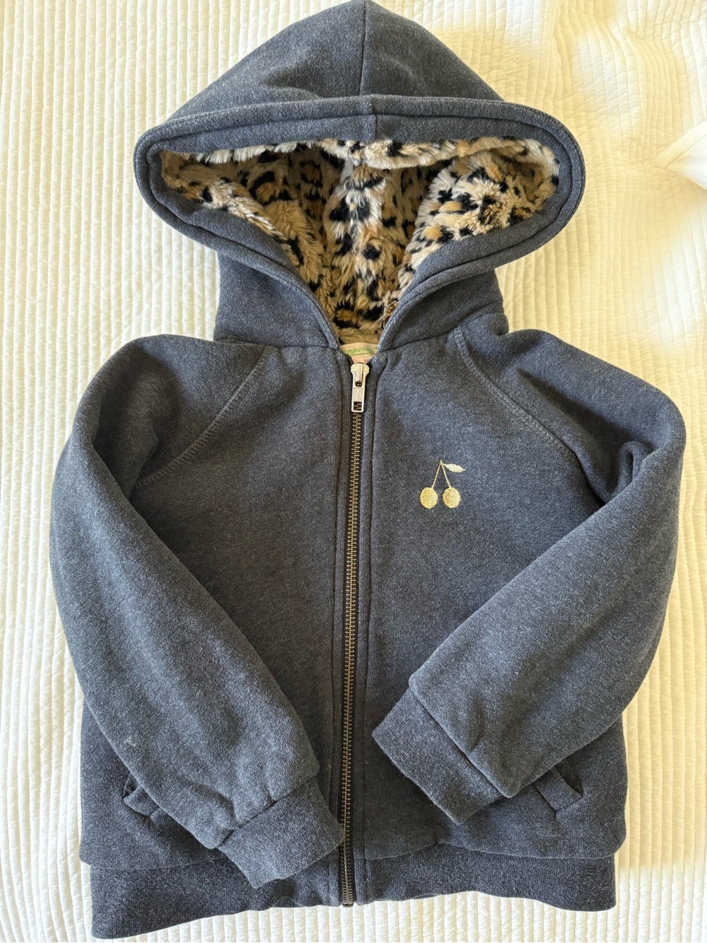 Bonpoint Charcoal Hooded Zip Jacket with Gold Cherry Motif